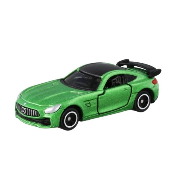 Takara Tomy Tomica model of a Mercedes-AMG GT R sports car in green, showcasing detailed design and features