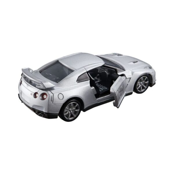 Takara Tomy Tomica model of a Nissan GT-R in vibrant colors, showcasing detailed design and realistic features