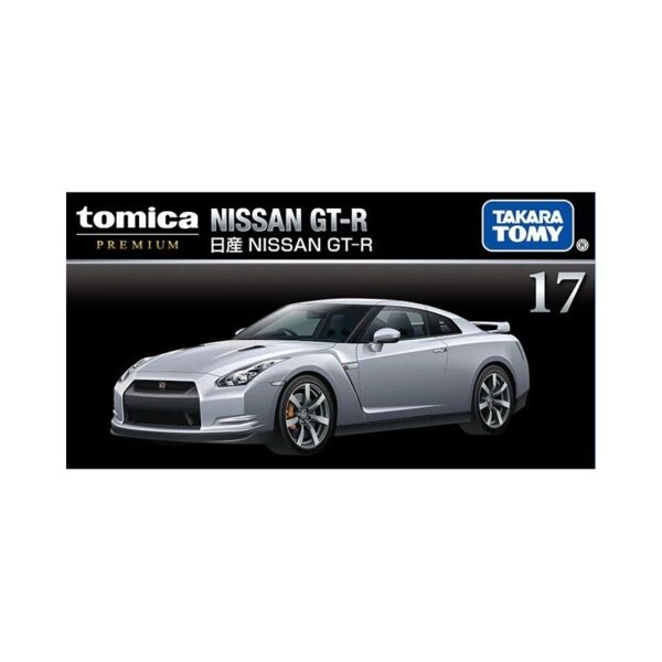 Takara Tomy Tomica model of a Nissan GT-R in vibrant colors, showcasing detailed design and realistic features