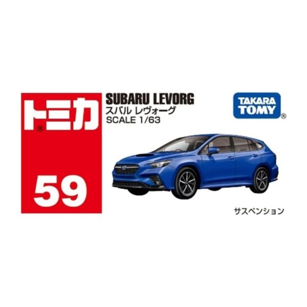 Takara Tomy Tomica model of a Subaru Levorg in blue, showcasing detailed design and realistic features