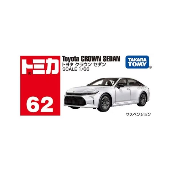 Takara Tomy Tomica model of a Toyota Crown Sedan in a vibrant color, showcasing detailed design and features