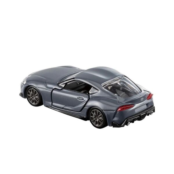 Takara Tomy Tomica model of a Toyota GR Supra in vibrant colors, showcasing its sleek design and detailed features