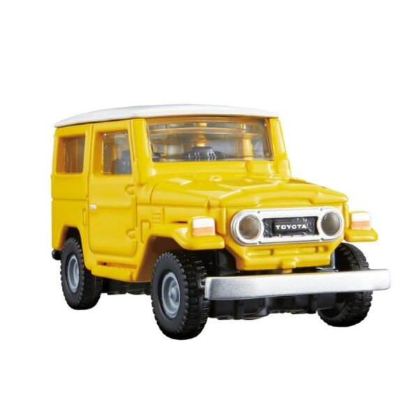 Takara Tomy Tomica model of a Toyota Land Cruiser in detailed design, showcasing its iconic shape and features