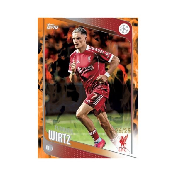 Topps 2025-26 UEFA Club Competitions Flagship Value Box featuring various soccer trading cards and team logos.