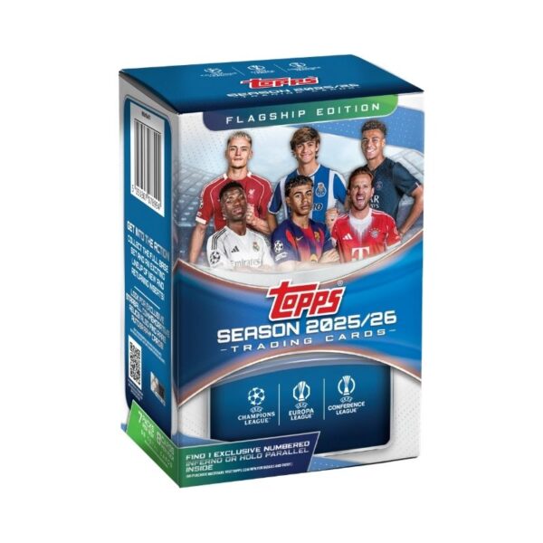 Topps 2025-26 UEFA Club Competitions Flagship Value Box featuring various soccer trading cards and team logos.