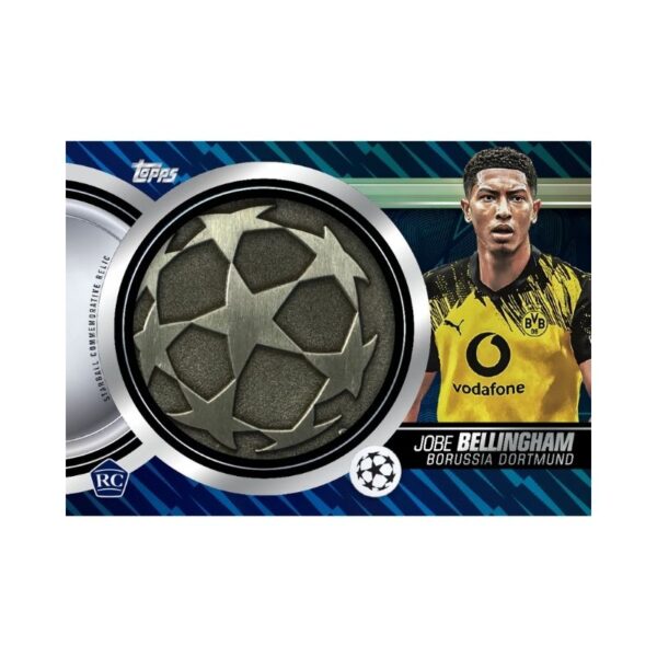 Topps 2025-26 UEFA Club Competitions Flagship Value Box featuring various soccer trading cards and team logos.