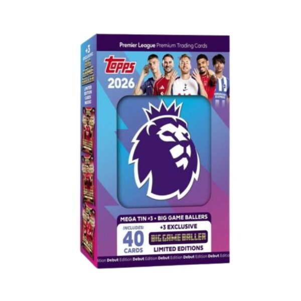 Topps Premier League 2025/26 Mega Tin featuring collectible cards, showcasing various players and team logos