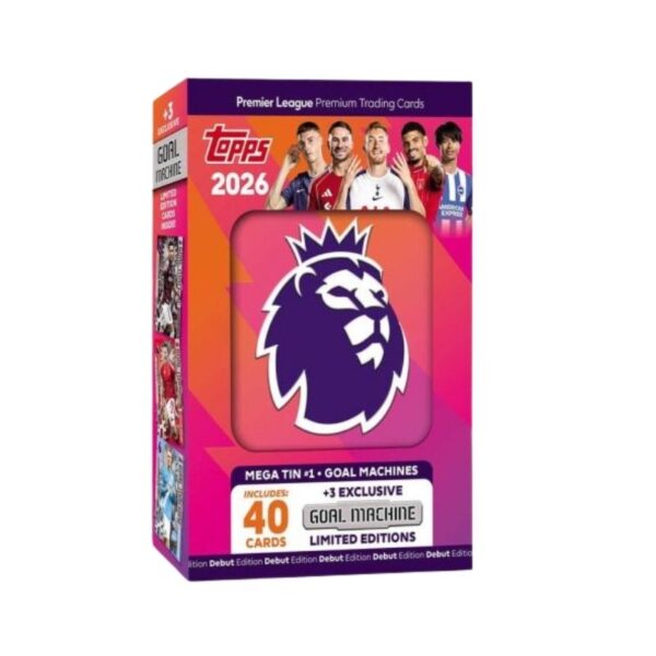 Topps Premier League 2025/26 Mega Tin featuring collectible cards, showcasing various players and team logos