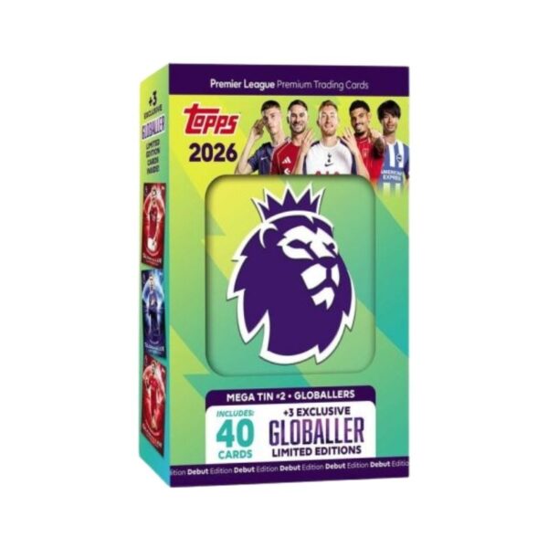 Topps Premier League 2025/26 Mega Tin featuring collectible cards, showcasing various players and team logos