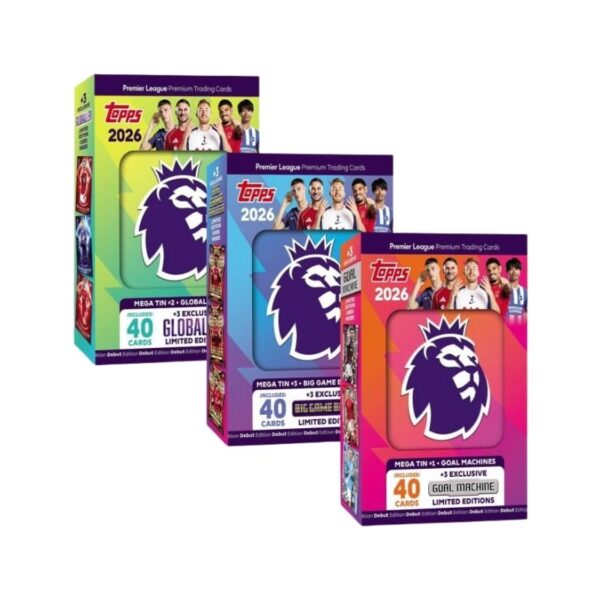 Topps Premier League 2025/26 Mega Tin featuring collectible cards, showcasing various players and team logos