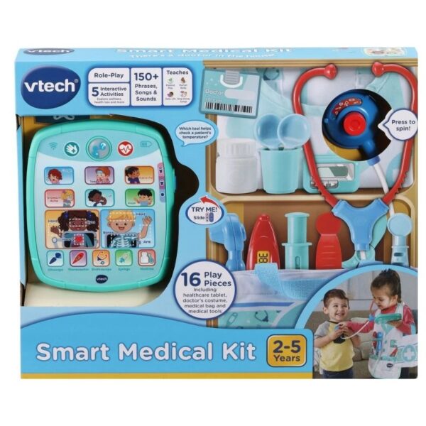 Vtech Smart Medical Kit featuring toy medical tools, a stethoscope, and a doctor’s bag for imaginative play and learning