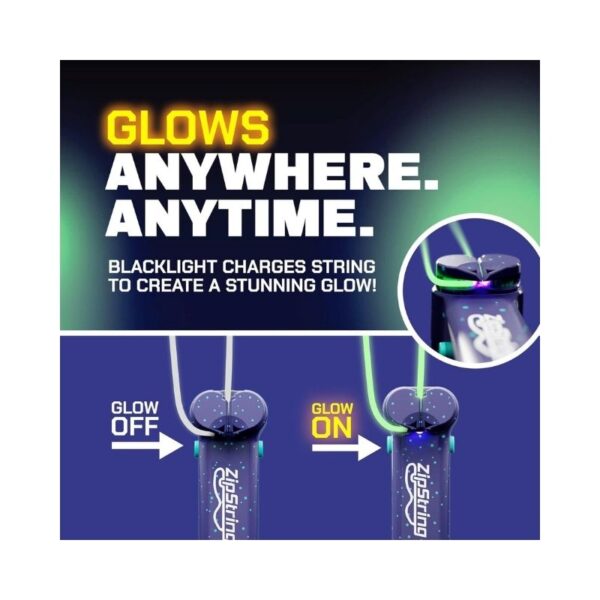 Zipstring glows in the dark, showcasing a vibrant luminescent design ideal for nighttime visibility and fun