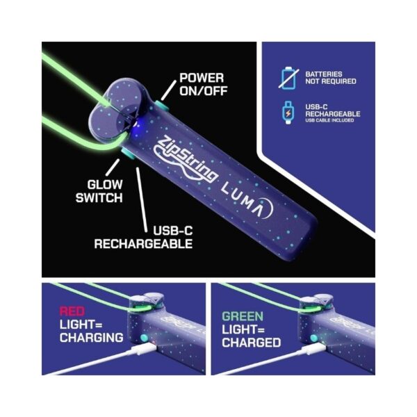 Zipstring glows in the dark, showcasing a vibrant luminescent design ideal for nighttime visibility and fun