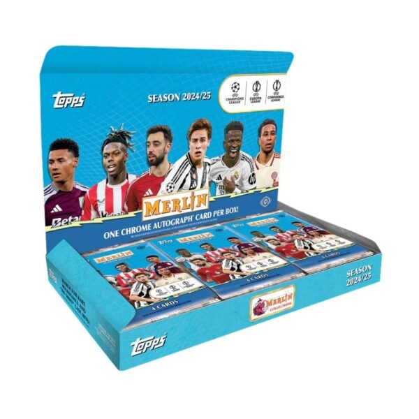 2024-25 Topps UEFA Club Competitions Merlin Chrome Hobby box featuring various soccer player cards and team logos