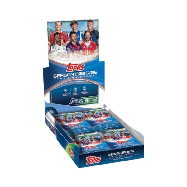 2025-26 Topps UEFA Club Competitions Hobby Box featuring collectible trading cards from various European football clubs.