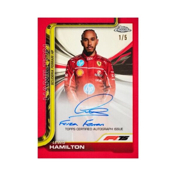 2025 Topps Chrome Formula 1 trading card featuring a sleek race car in action on a vibrant racetrack background