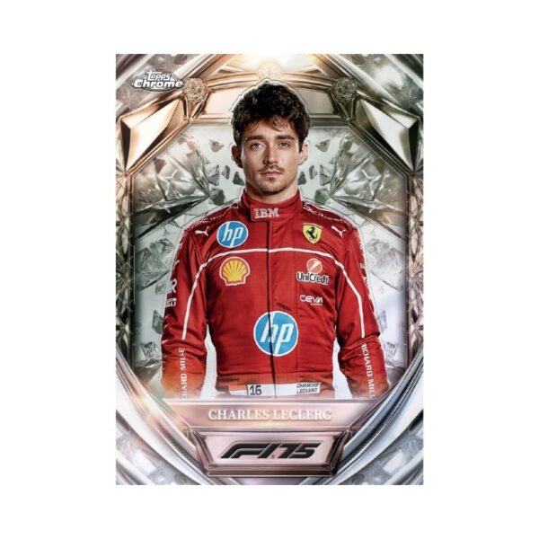 2025 Topps Chrome Formula 1 trading card featuring a sleek race car in action on a vibrant racetrack background