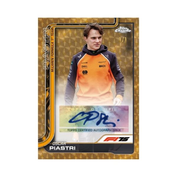 2025 Topps Chrome Formula 1 trading card featuring a sleek race car in action on a vibrant racetrack background