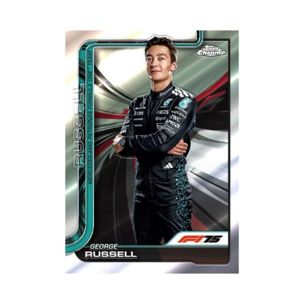 2025 Topps Chrome Formula 1 trading card featuring a sleek race car in action on a vibrant racetrack background