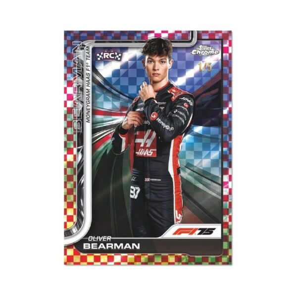 2025 Topps Chrome Formula 1 trading card featuring a sleek race car in action on a vibrant racetrack background