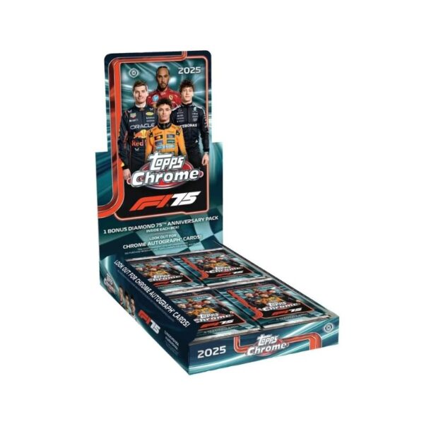 2025 Topps Chrome Formula 1 trading card featuring a sleek race car in action on a vibrant racetrack background