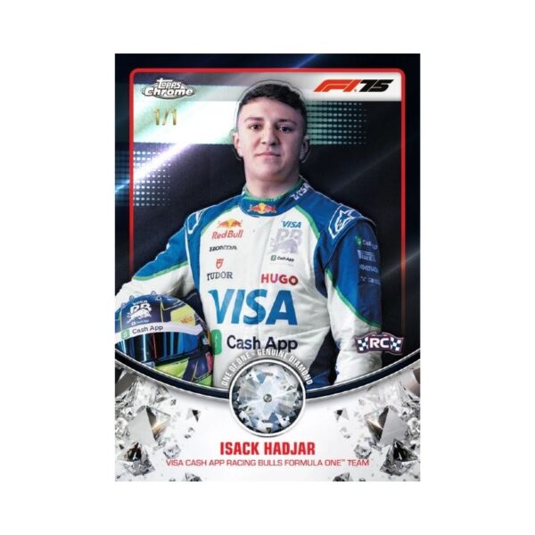 2025 Topps Chrome Formula 1 trading card featuring a sleek race car in action on a vibrant racetrack background