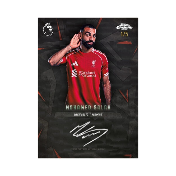 2026 Topps Chrome Premier League Hobby Box featuring vibrant player images and collectible card designs.