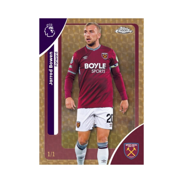 2026 Topps Chrome Premier League Hobby Box featuring vibrant player images and collectible card designs.