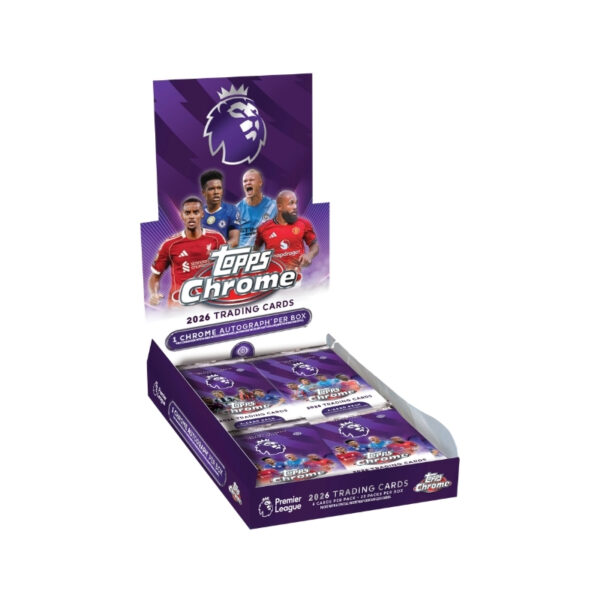 2026 Topps Chrome Premier League Hobby Box featuring vibrant player images and collectible card designs.