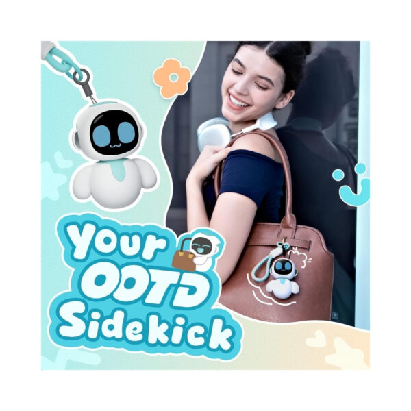 Eiliko AI Charm Bot in aquamarine color, featuring a sleek design and friendly expression, ideal for interactive experiences