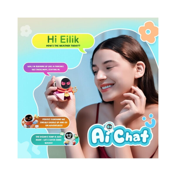 Eiliko AI Charm Bot in aquamarine color, featuring a sleek design and friendly expression, ideal for interactive experiences