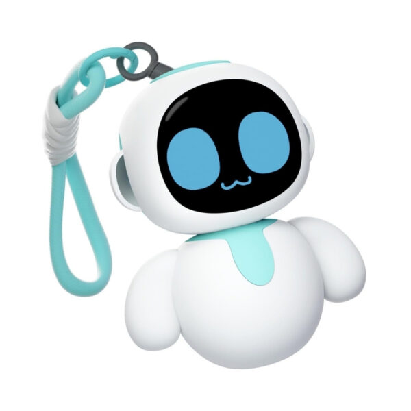 Eiliko AI Charm Bot in aquamarine color, featuring a sleek design and friendly expression, ideal for interactive experiences