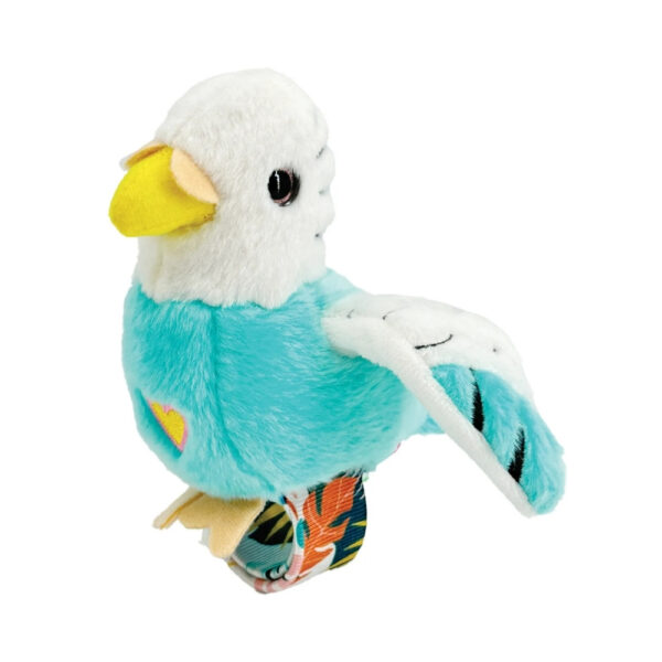 A vibrant turquoise parrot toy from Happy Yappers Season 2, showcasing a cheerful design and playful expression