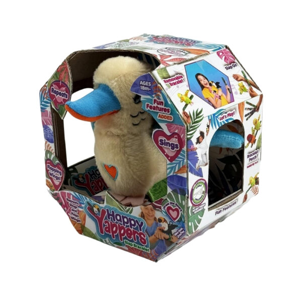 A cheerful white kookaburra sits on a branch, displaying its striking plumage against a blue sky