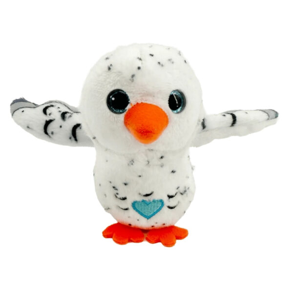 A cheerful white owl from Happy Yappers Season 2, showcasing its bright eyes and fluffy feathers against a light background