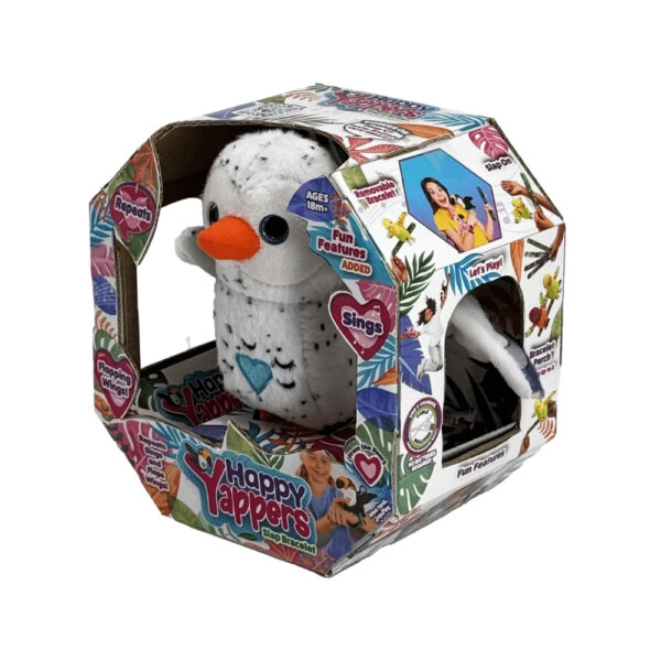 A cheerful white owl from Happy Yappers Season 2, showcasing its bright eyes and fluffy feathers against a light background