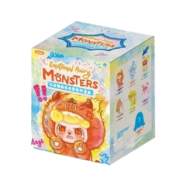 Plush pendant of a colorful, hairy monster from the Jotoys QKid Emotional series, displayed in a blind box packaging.