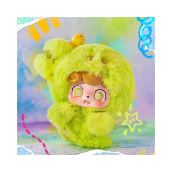 Plush pendant of a colorful, hairy monster from the Jotoys QKid Emotional series, displayed in a blind box packaging.