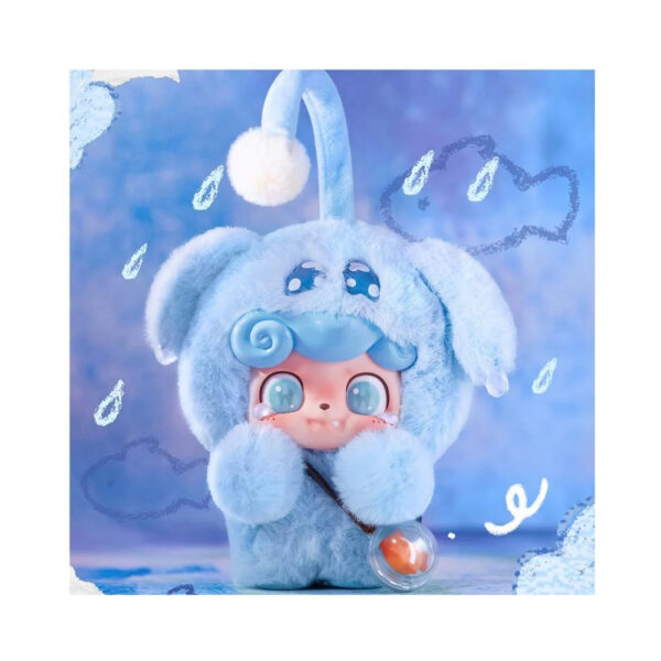 Plush pendant of a colorful, hairy monster from the Jotoys QKid Emotional series, displayed in a blind box packaging.