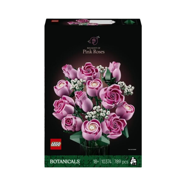 LEGO 10374 Botanicals set featuring a vibrant bouquet of pink roses made from artificial flowers
