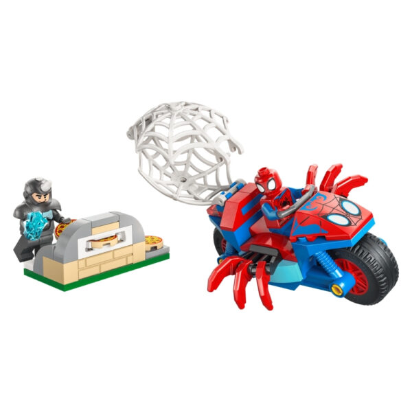 LEGO set 11206 features Spidey on a motorcycle battling the Rhino in an action-packed scene.