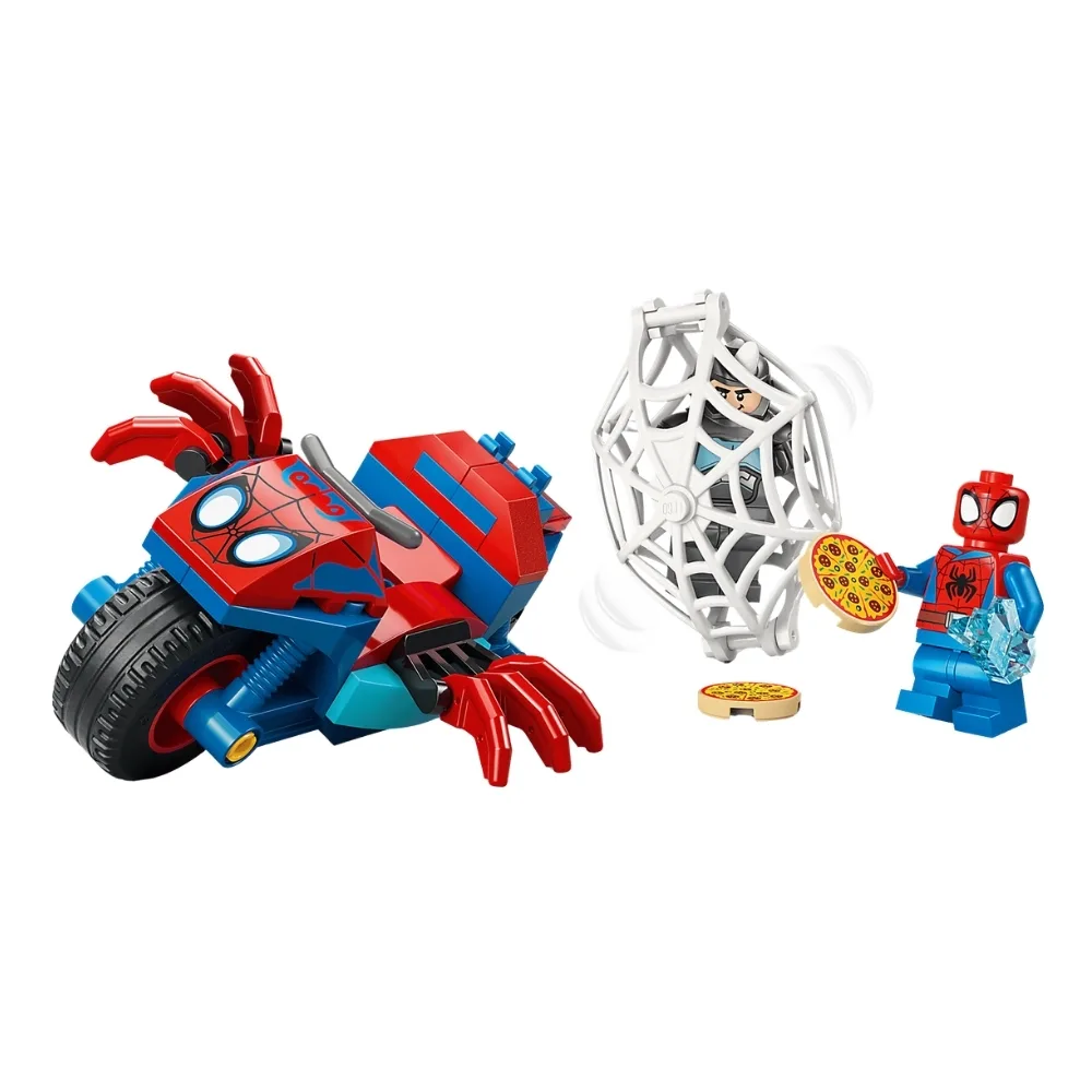 LEGO set 11206 features Spidey on a motorcycle battling the Rhino in an action-packed scene.