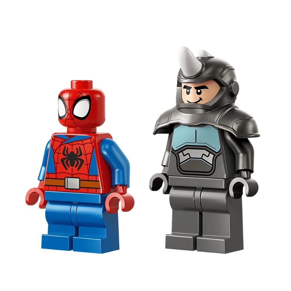 LEGO set 11206 features Spidey on a motorcycle battling the Rhino in an action-packed scene.