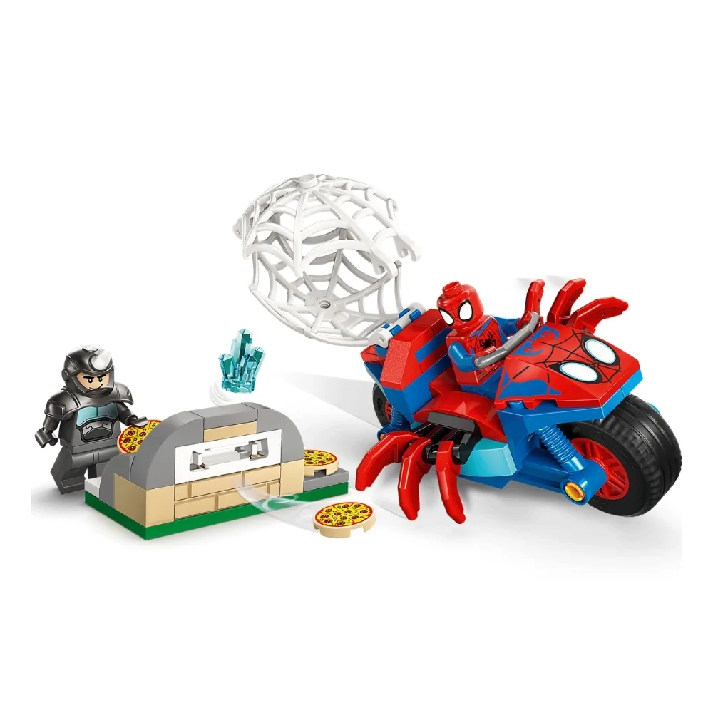 LEGO set 11206 features Spidey on a motorcycle battling the Rhino in an action-packed scene.