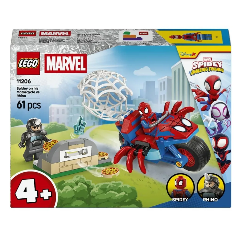 LEGO set 11206 features Spidey on a motorcycle battling the Rhino in an action-packed scene.