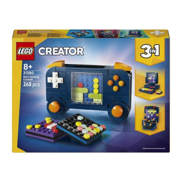 LEGO 31380 Creator 3in1 Retro Gaming Console set featuring a classic console, controller, and game cartridges
