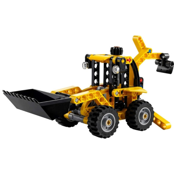 LEGO 42197 Backhoe Loader model featuring a detailed construction vehicle with movable parts and a yellow and black color scheme.