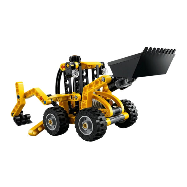 LEGO 42197 Backhoe Loader model featuring a detailed construction vehicle with movable parts and a yellow and black color scheme.