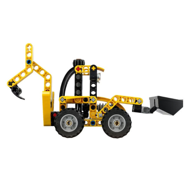LEGO 42197 Backhoe Loader model featuring a detailed construction vehicle with movable parts and a yellow and black color scheme.