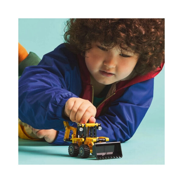 LEGO 42197 Backhoe Loader model featuring a detailed construction vehicle with movable parts and a yellow and black color scheme.